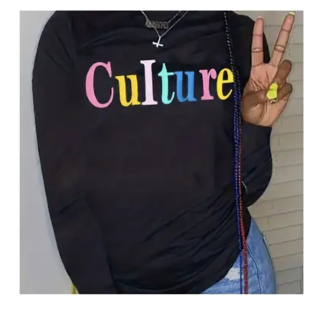Colored "Culture" Black Long Sleeve Top